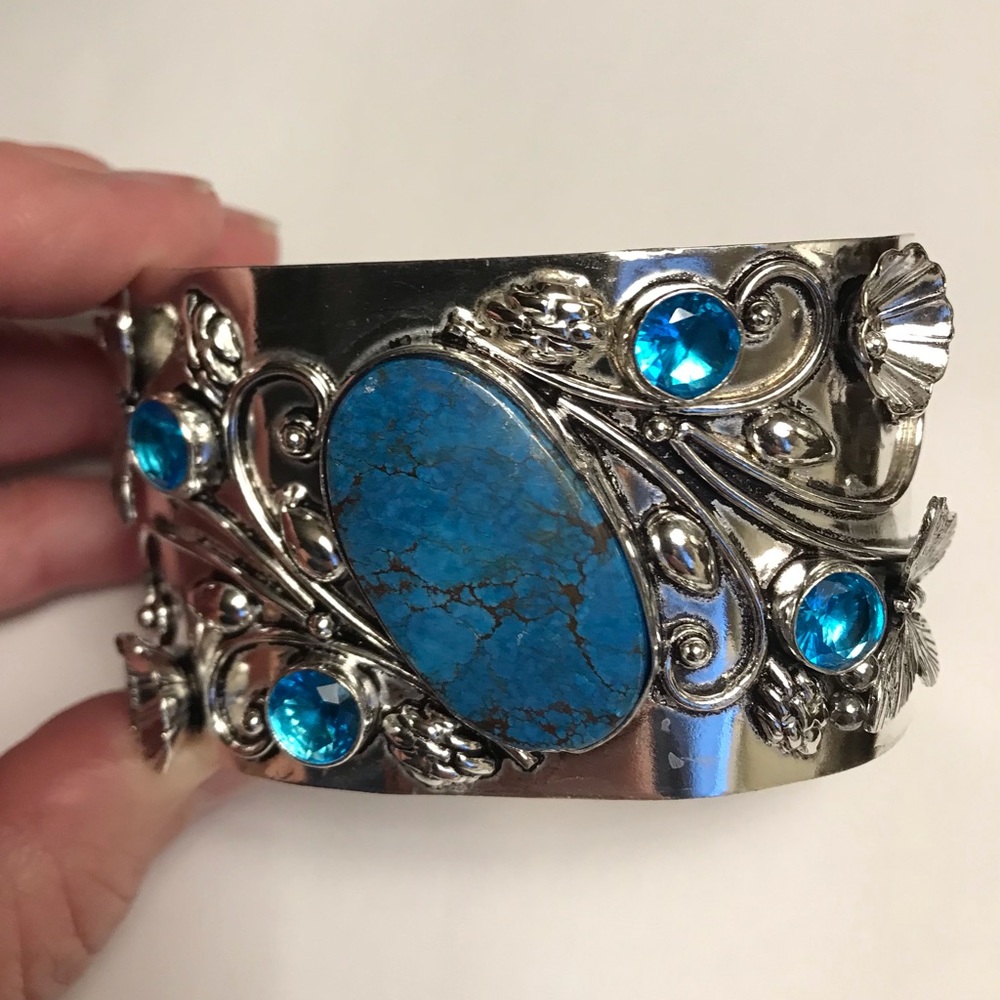 Turquoise Blue Topaz Stamped 925 Sterling Silver Cuff Bracelet